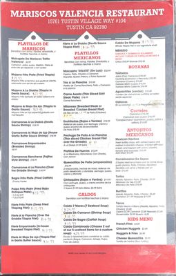 Menu photo 1 Mariscos Valencia Mexican Restaurant Tustin, CA