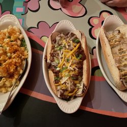 Roadside Attraction - Mac and cheese, chili dog, and sauerkraut sausage dog!