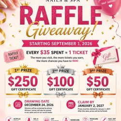 Royal Nails & Spa - RAFFLE starts 9/1! Spend $35=1 ticket. Win $250, $100 or $50 Gift Certificate! Drawing 12/24. 760-721-8666