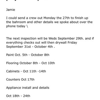 Monarch Kitchen & Bath - "Timeline"--DIrect email dated 9/20/21, with a completion date of November 2, 2021 - General Contractors Near Me