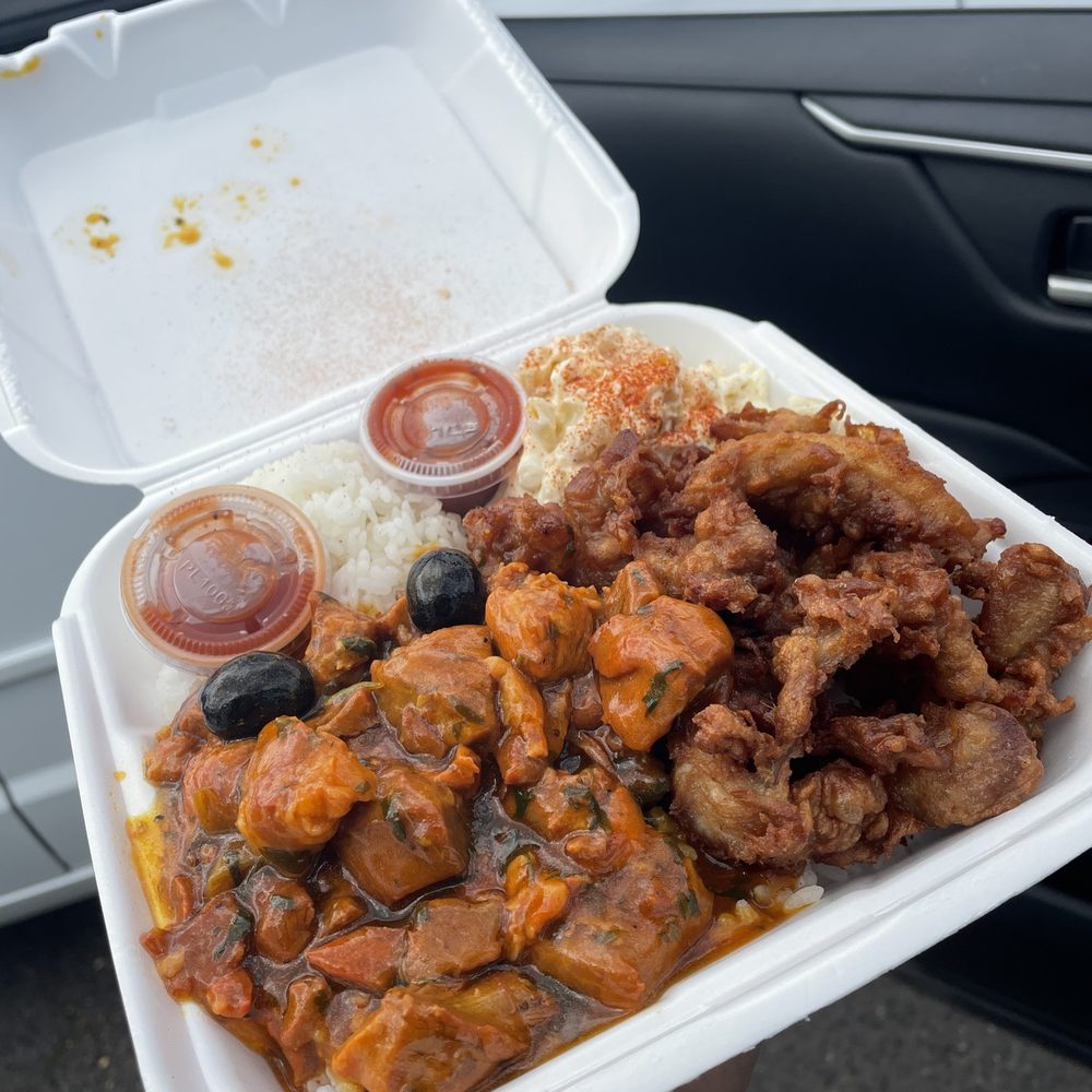 Iolani's Plate Lunch - Mix Plate (Pastele Stew and Mochiko Chicken) - Food Trucks Near Me - Portland, Oregon Iolani's Plate Lunch - Mix Plate (Pastele Stew and Mochiko Chicken) - Food Trucks Near Me - Portland, Oregon
