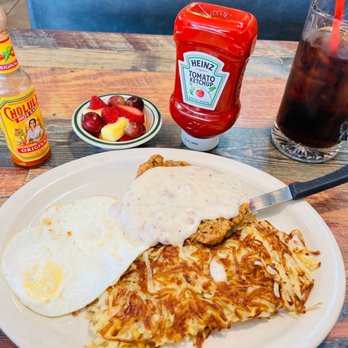 VIP’s Cafe Restaurant - Breakfast Country Fried Steak w/ 2 eggs, hash browns, and fruit. - Breakfast & Brunch Near Me - Murrieta, California VIP’s Cafe Restaurant - Breakfast Country Fried Steak w/ 2 eggs, hash browns, and fruit. - Breakfast & Brunch Near Me - Murrieta, California
