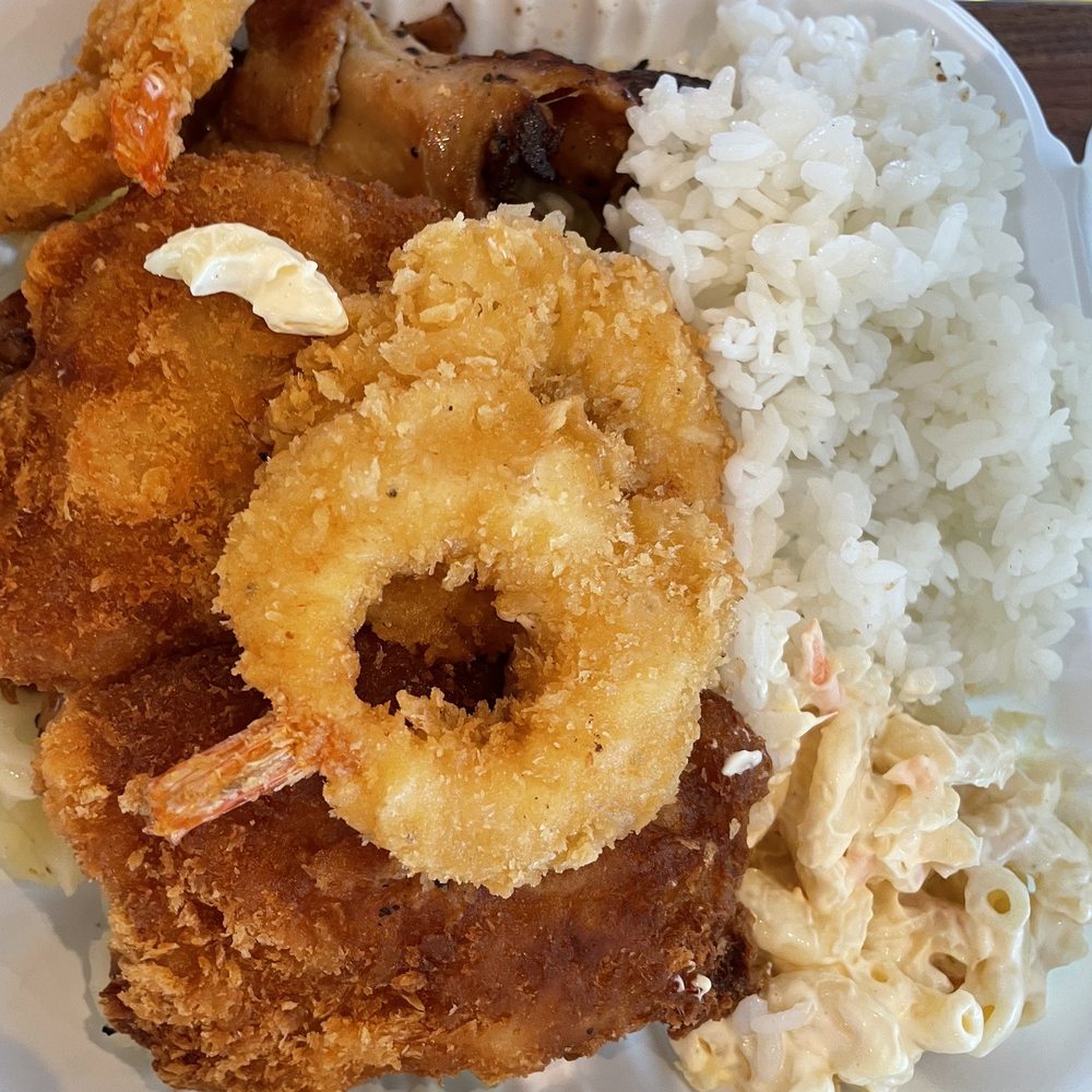 Ono Hawaiian BBQ - Seafood Mixed Plate (shrimp, fried fish and chicken teriyaki) - Hawaiian Near Me - Indio, California Ono Hawaiian BBQ - Seafood Mixed Plate (shrimp, fried fish and chicken teriyaki) - Hawaiian Near Me - Indio, California