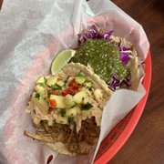 Photo of Las Chicas Taqueria - Owego, NY, United States. (Left) Hawaiian Taco (Right) Carnitas Taco *UH-MAYYYY-ZING!