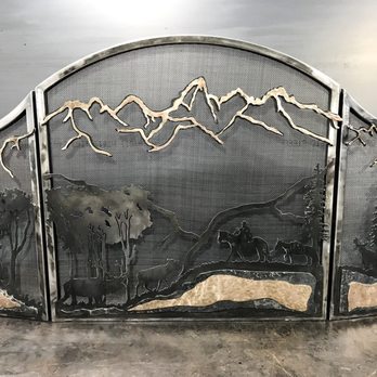 Split Mountain Metals - Free standing fireplace screen with hammered bronze and hammered steel. - Metal Fabricators Near Me - Belgrade, Montana Split Mountain Metals - Free standing fireplace screen with hammered bronze and hammered steel. - Metal Fabricators Near Me - Belgrade, Montana