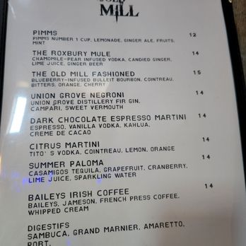 The Old Mill - Drink Menu - New American Near Me - Roxbury, New York