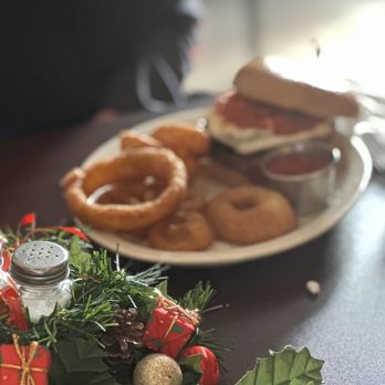 The Town Tavern - This is a sample of a delicious eggplant sandwich with the most tasty onion rings. - Burgers Near Me - East Hampton, Connecticut The Town Tavern - This is a sample of a delicious eggplant sandwich with the most tasty onion rings. - Burgers Near Me - East Hampton, Connecticut