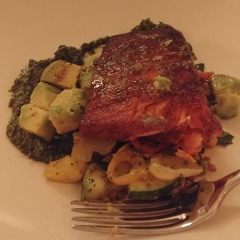 Mattie's - King Salmon blackened with avocado, chimichurri, squash. - American Near Me - Austin, Texas Mattie's - King Salmon blackened with avocado, chimichurri, squash. - American Near Me - Austin, Texas