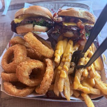 Hammys Smash Burgers - Single Smash top left, Double #4 Bacon Smash top right. Onion Rings and Cheese Fries. - Burgers Near Me - Anaheim, California Hammys Smash Burgers - Single Smash top left, Double #4 Bacon Smash top right. Onion Rings and Cheese Fries. - Burgers Near Me - Anaheim, California