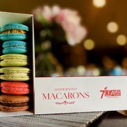 7 Leaves Cafe - Macarons (from top to bottom): Salted Caramel x2, Pistachio x2, Strawberry & Chocolate