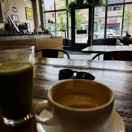 Raspberry Crumble Latte and Iced Matcha both w/ Almond Milk