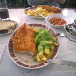 Marino's Fish Restaurant & Take Away - Large Haddock & Chips, Mushy Peas, Tea & round of bread & spread.