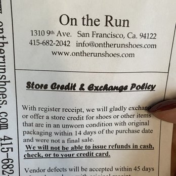 On The Run - return and exchange policy - Shoe Stores Near Me - San Francisco, California On The Run - return and exchange policy - Shoe Stores Near Me - San Francisco, California