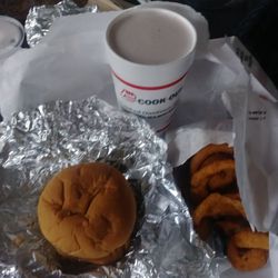Cook Out - Huge Burger, with Onion Rings and a Cherry Cheesecake Milkshake