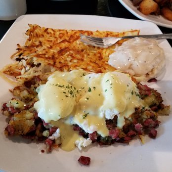 The Scratch Room - Corned Beef Eggs Benedict (I put the biscuit and gravy on the plate; doesn't come out like that) - Breakfast & Brunch Near Me - Anaheim, California The Scratch Room - Corned Beef Eggs Benedict (I put the biscuit and gravy on the plate; doesn't come out like that) - Breakfast & Brunch Near Me - Anaheim, California