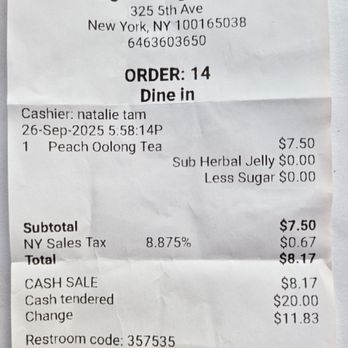 Xing Fu Tang - 5th Avenue - My sales receipt, September 26, 2025 - Bubble Tea Near Me - New York, New York Xing Fu Tang - 5th Avenue - My sales receipt, September 26, 2025 - Bubble Tea Near Me - New York, New York