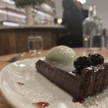 Settler - Pistachio gelato and chocolate cake dessert - Mediterranean Near Me - Salem, Massachusetts