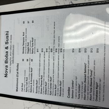 Nova Boba - Other side of the menu - A menu board from Nova Boba & Sushi displays sushi rolls and combo options, including prices and ingredients, with a space-themed design. - Bubble Tea Near Me - Gilbert, Arizona