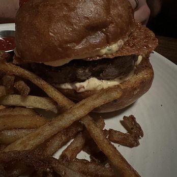 The Laurel - Burger with pimento cheese and crisped cheddar cheese. - Cocktail Bars Near Me - West Hartford, Connecticut The Laurel - Burger with pimento cheese and crisped cheddar cheese. - Cocktail Bars Near Me - West Hartford, Connecticut