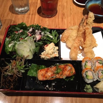Izakaya Den - Salmon bento box (miso mixed greens, seaweed slaw, 5 piece shrimp and vegetable tempura, teriyaki salmon, 4 piece California roll. - Japanese Near Me - Denver, Colorado