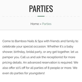 Bamboo Nails & Spa - Website still says 10% off for all parties of 8 people or more. - Nail Salons Near Me - Round Rock, Texas Bamboo Nails & Spa - Website still says 10% off for all parties of 8 people or more. - Nail Salons Near Me - Round Rock, Texas