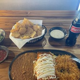 Lunch. Chimichanga, guacamole and a bottle of Coke!