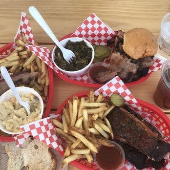 Smokey Mo - Left:Turkey platter with Mac and fries. Top:Brisket sandwich with collard greens. Bottom: 2 ribs with fries. - Barbeque Near Me - Tucson, Arizona