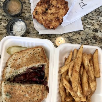 Perly's - Potato Latkey (top) and the Jewish Sailor sandwich with fries for carry-out. - Delis Near Me - Richmond, Virginia