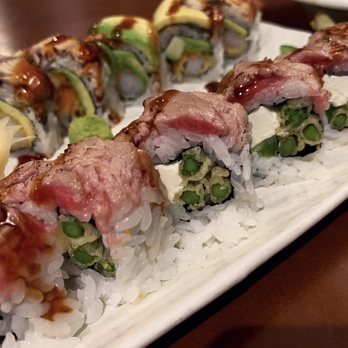 Fuji Sushi - Toro-Pena - asparagus tempura, cream cheese and jalapeno inside and topped with seared toro (fatty tuna) - Sushi Bars Near Me - Seattle, Washington