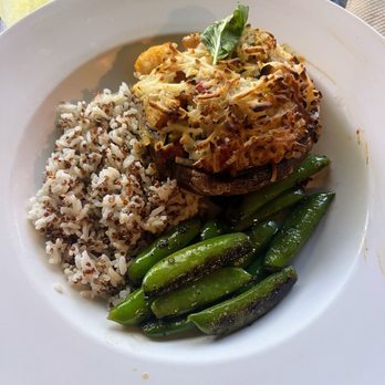 June Bug Cafe - Vegan stuffed portobello mushroom dinner portion ($19)- comes with choice of salad or soup not shown - New American Near Me - Midpines, California