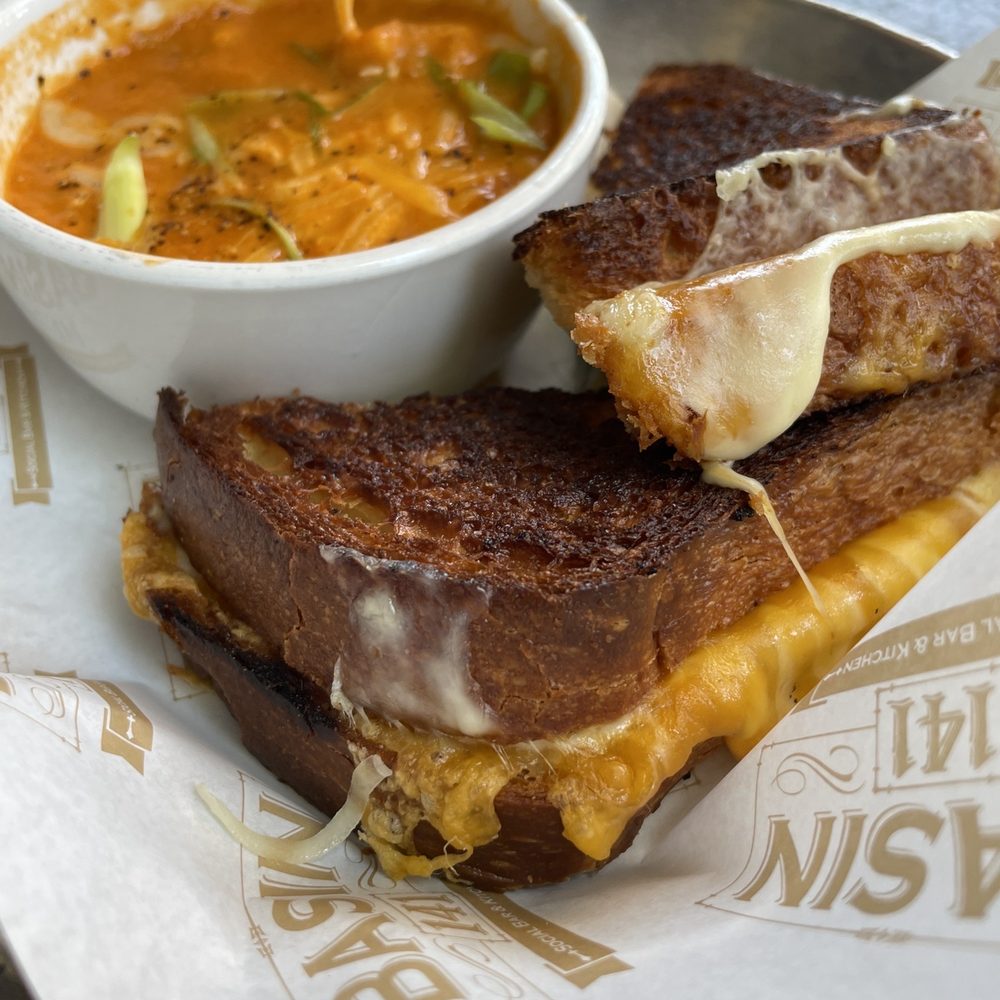 Basin 141 - Grilled cheese w basil and tomato soup. So cheesy and comforting. - Gastropubs Near Me - Monrovia, California Basin 141 - Grilled cheese w basil and tomato soup. So cheesy and comforting. - Gastropubs Near Me - Monrovia, California