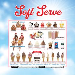 Funtime Ice Cream - Our soft serve menu with vanilla, chocolate, and twist (both) ice cream. We use real strawberries and pineapples, and fresh bananas!