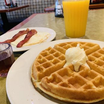 ButtercuP - BELGIAN WAFFLES WITH OVER EASY SUNNYSIDE EGGS AND BACON - American Near Me - Walnut Creek, California