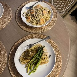 Stonewalls - Halibut special with grilled asparagus, and the mushroom pasta dish with shrimp added.
