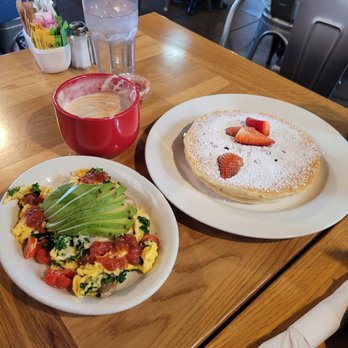The Peach Cafe - Farmhouse Fresh Scramble with a side of half an order of pancakes - New American Near Me - Monrovia, California The Peach Cafe - Farmhouse Fresh Scramble with a side of half an order of pancakes - New American Near Me - Monrovia, California