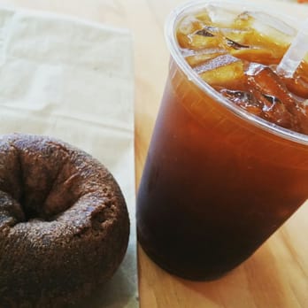Mighty-O Donuts - Topless chocolate donut + iced americano - Donuts Near Me - Seattle, Washington