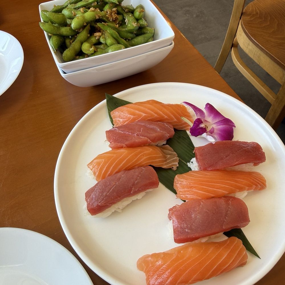 Koku Sushi - Salmon Tuna and Salmon Sushi Box Spicy Garlic Edamame - Sushi Bars Near Me - North Hollywood, California