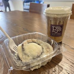 PJ's Coffee - Cinnamon roll and iced latte