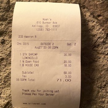 Noah's Canteen - the receipt for the restaurant - New American Near Me - Kellogg, Idaho Noah's Canteen - the receipt for the restaurant - New American Near Me - Kellogg, Idaho