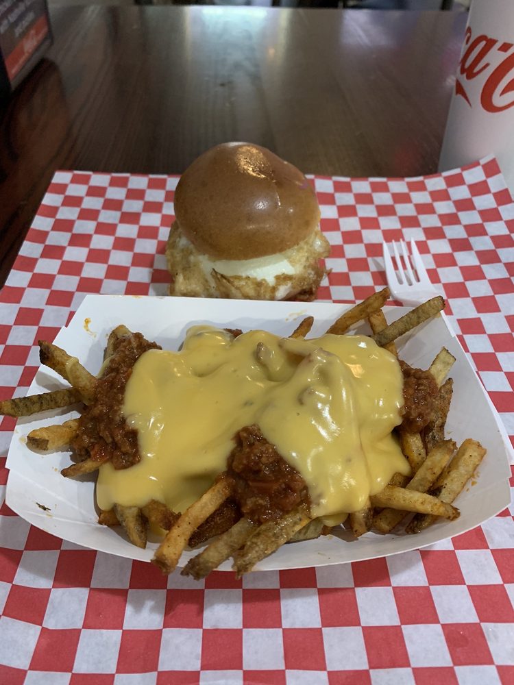 The Boardwalk slider (hamburger) with egg, 1/2 order of fries with