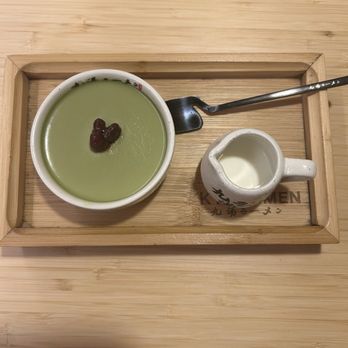 Kyuramen - Match pudding with a side of cream; it came with the curry Pork Katshu rice dish. - Ramen Near Me - Knoxville, Tennessee Kyuramen - Match pudding with a side of cream; it came with the curry Pork Katshu rice dish. - Ramen Near Me - Knoxville, Tennessee