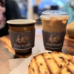 Steveston Coffee - Americano, iced caramel macchiato, and cranberry ham and cheese!!