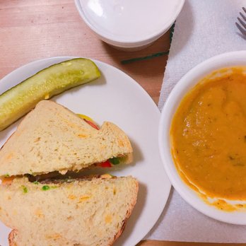 Great Harvest Bread - Mediterranean (left) on cheesy garlic w/ butternut squash apple soup (right). The chicken noodle (above) was on the house! (By accident) - Bakeries Near Me - Lorton, Virginia Great Harvest Bread - Mediterranean (left) on cheesy garlic w/ butternut squash apple soup (right). The chicken noodle (above) was on the house! (By accident) - Bakeries Near Me - Lorton, Virginia