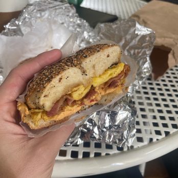 Baker's Dozen Bagels - Toasted everything bagel with bacon, egg and chipotle cream cheese - Bagels Near Me - Kew Gardens, New York