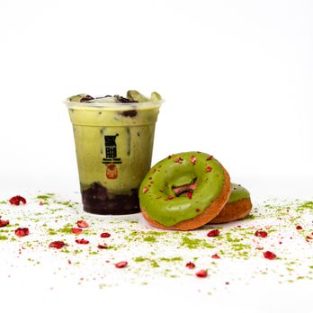 Mochata - Strawberry Matcha mochi donut paired with Matcha Red Bean milk tea (Sharetea) - Donuts Near Me - Hercules, California Mochata - Strawberry Matcha mochi donut paired with Matcha Red Bean milk tea (Sharetea) - Donuts Near Me - Hercules, California