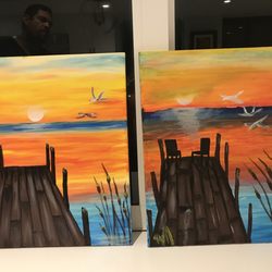 Paint N' Hang - Are the two chairs facing the water or is one facing the water and the other inwards??? Huh..... all about perception!