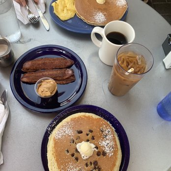 Cafe 222 - Chocolate chip pancakes with a side of peanut butter, turkey bacon, two plus two (two pancakes with two eggs), and two coffees - Breakfast & Brunch Near Me - San Diego, California