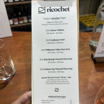 Ricochet Wine - Ricochet flight menu - Wineries Near Me - McMinnville, Oregon Ricochet Wine - Ricochet flight menu - Wineries Near Me - McMinnville, Oregon