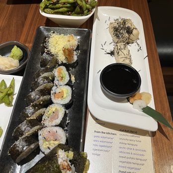 Tataki - Happy hour Garlic Edamame, Agedashi tofu, crunchy California hand roll, Arctic Char And Avocado Roll, albacore roll, and shrimp tempura roll - Sushi Bars Near Me - San Francisco, California Tataki - Happy hour Garlic Edamame, Agedashi tofu, crunchy California hand roll, Arctic Char And Avocado Roll, albacore roll, and shrimp tempura roll - Sushi Bars Near Me - San Francisco, California