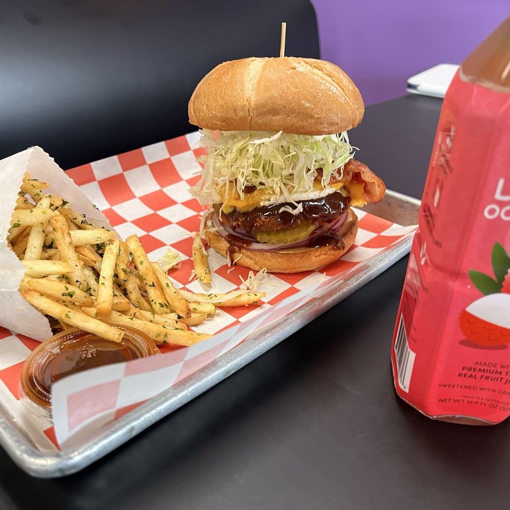 Katsu Burger - Ohayou gozaimasu burger, fries with furikake seasoning and lycheee tea - Japanese Near Me - Kent, Washington